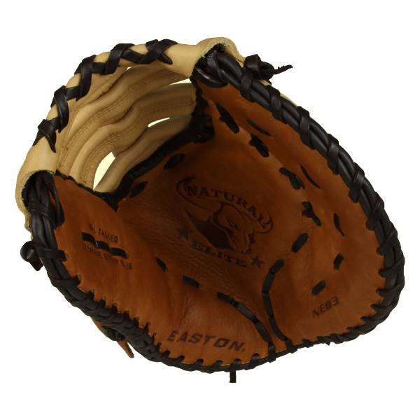 Top-down view of a tan first base mitt with black lacing, NATURAL ELITE branding, and EASTON text.