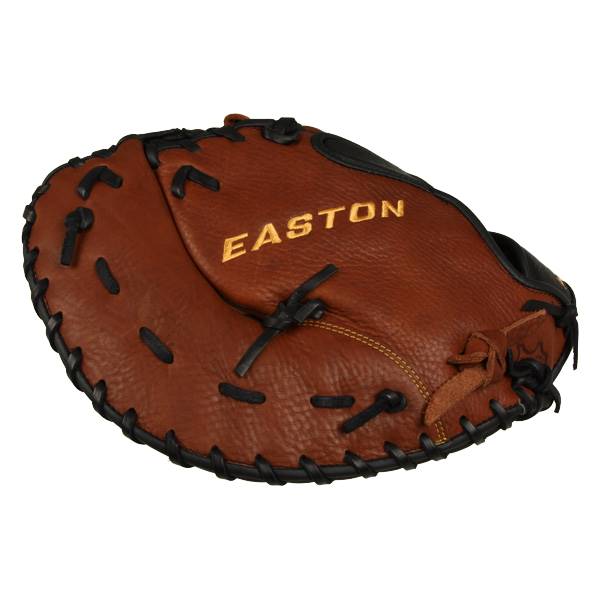 Top-down view of a brown Easton first base mitt with gold lettering and black lacing.