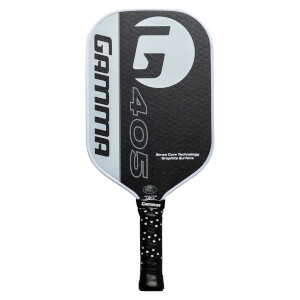 Front view of a black GAMMA 405 pickleball paddle with a large white G logo and textured surface.