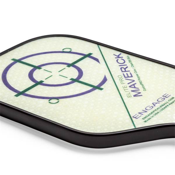 Corner view of a white Engage Elite Pro Maverick pickleball paddle with a target design and visible branding.