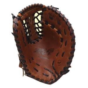 Interior view of a brown Mizuno MVP Series first base mitt with INLET TOE text and MVP logo.