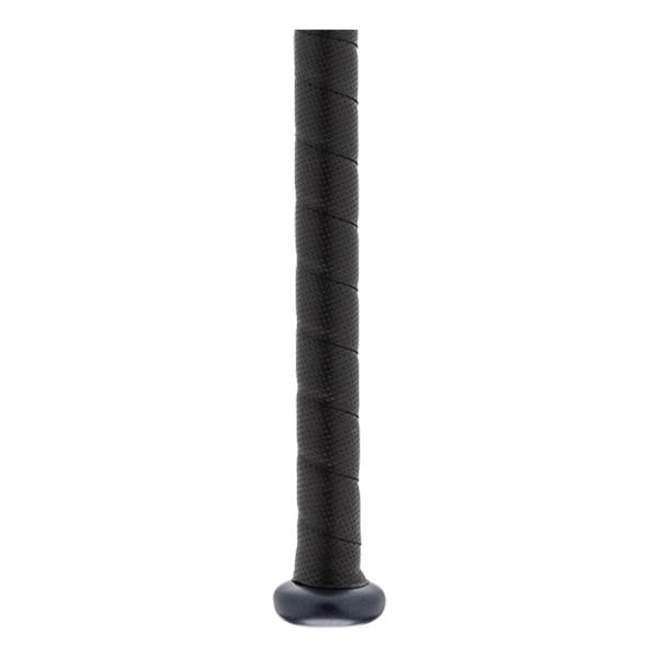 Close-up of a black baseball bat grip with a textured pattern and a dark end cap.