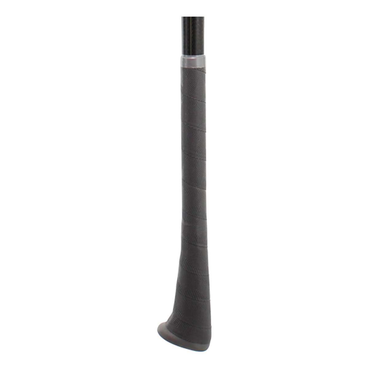 Close-up of a black softball bat grip with silver band and black knob.