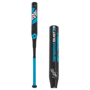 Side view of a black fastpitch softball bat with blue grip and shark graphics.