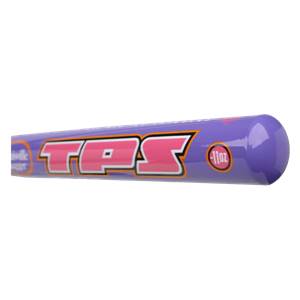 Side view of a purple fastpitch softball bat with pink TPS branding and a 11oz label.