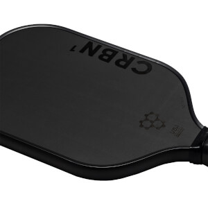 Corner view of a black pickleball paddle with CRBN 1 branding and a USA Pickleball logo.