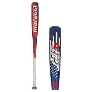 Side and close-up view of a red, blue, and white baseball bat with Marucci and a stars and stripes CAT9 graphic.