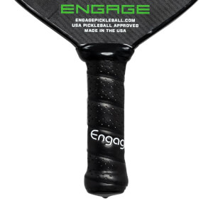 Close-up of a black pickleball paddle grip with perforations and Engag text.