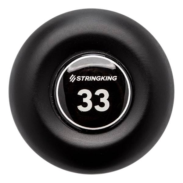 End cap view of a black baseball bat with STRINGKING and 33 visible.