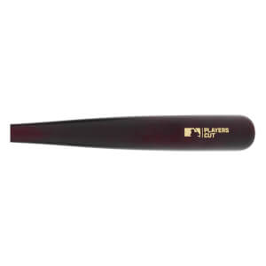 Side view of a dark reddish-brown baseball bat with a glossy finish and gold MLB Players Cut logo on the barrel.