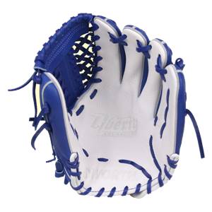 Inside view of a royal blue and white baseball glove with Liberty Advanced and Worth embossed.