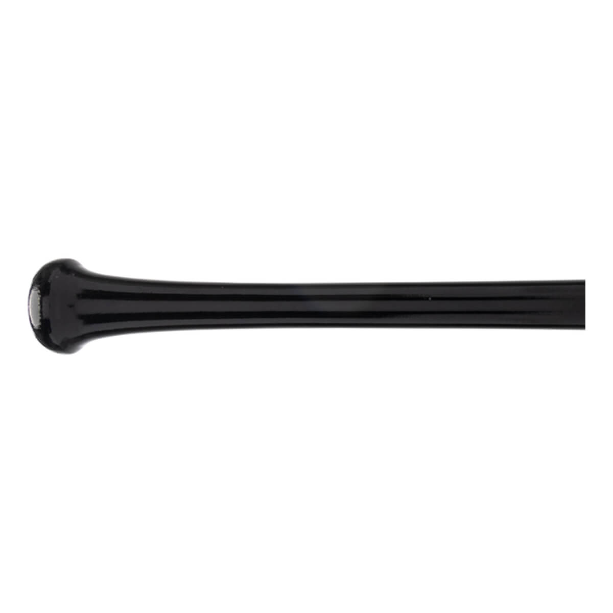 Side view of a black baseball bat with a flared knob and smooth barrel.