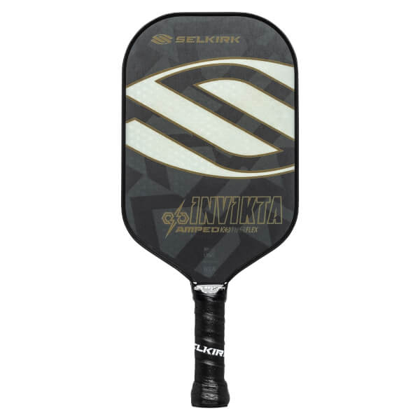 Front view of a black pickleball paddle with a white S design, INV IKTA text, and Selkirk branding.