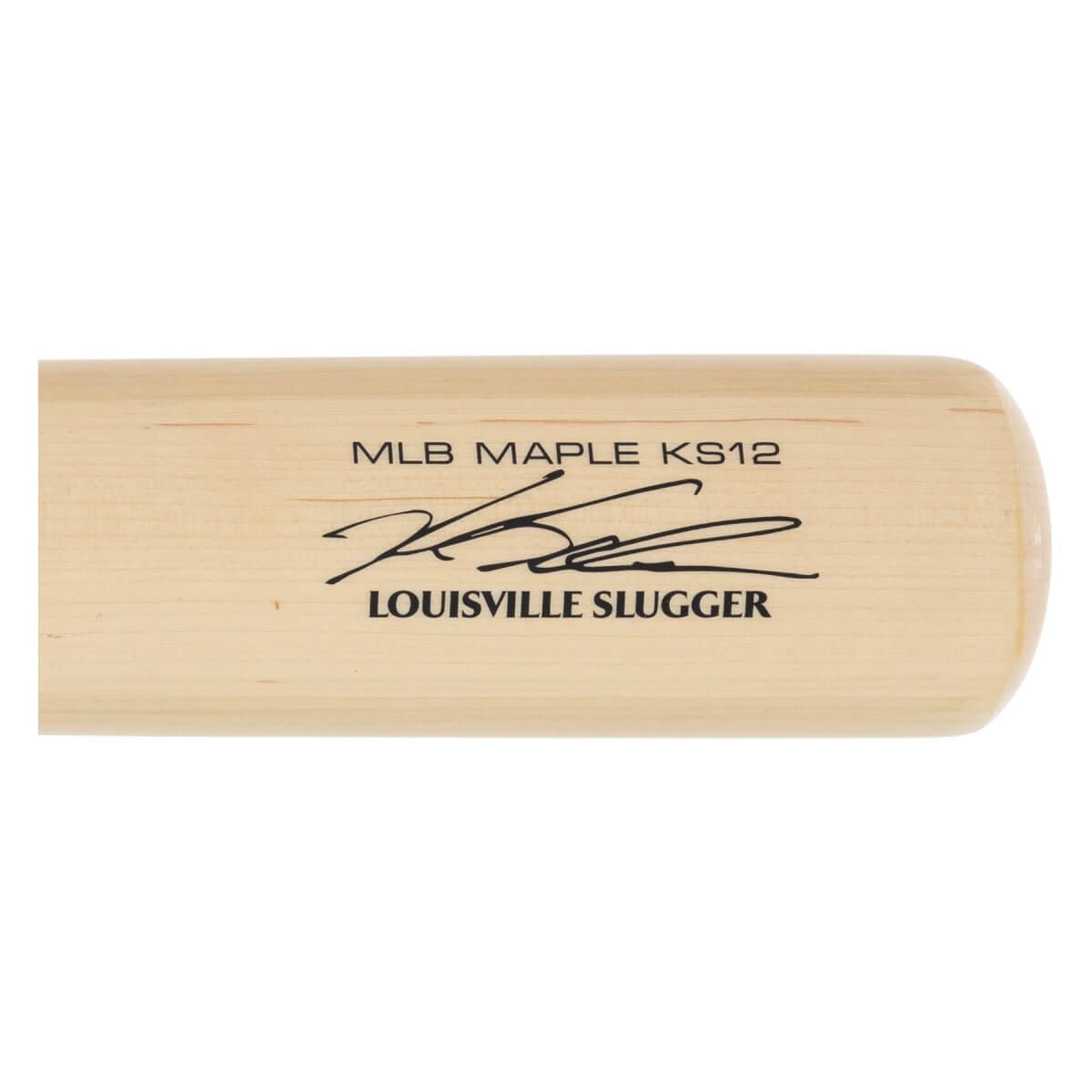 Close-up of a natural wood baseball bat with MLB MAPLE KS12, a signature, and LOUISVILLE SLUGGER printed in black.