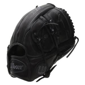 Side view of a black baseball glove with A1K and Wilson branding.