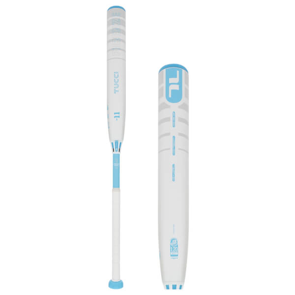 Multiple views of a white and light blue fastpitch softball bat, showing TUCCI, -11, and S 1.20 marks.