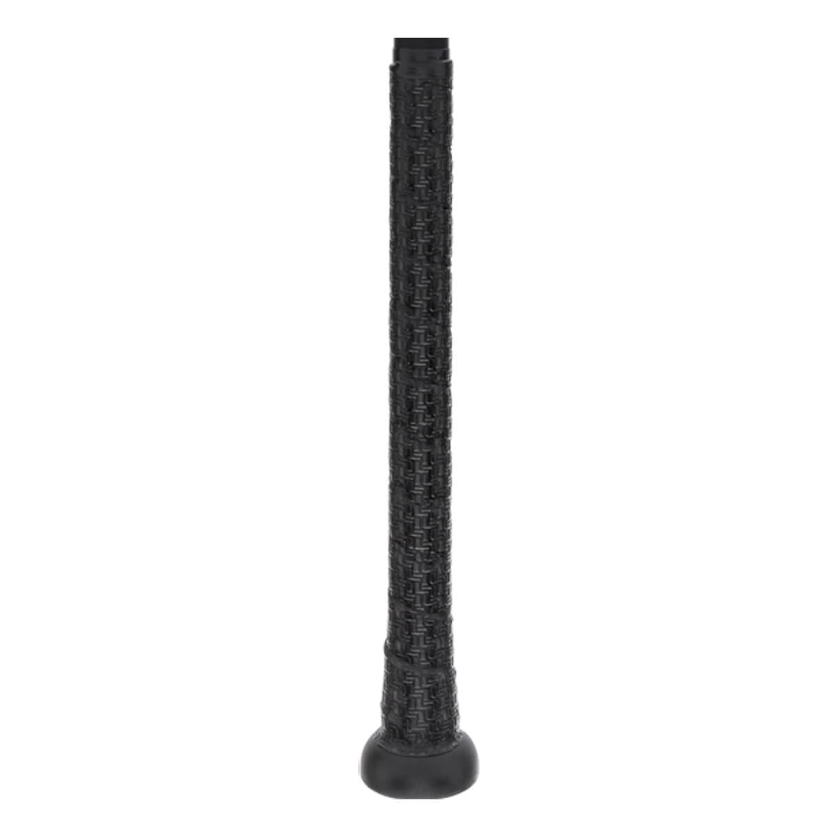 Close-up view of the Tucci Torino BBCOR Baseball Bat handle featuring a black textured grip and a solid black rounded knob.