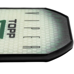 Corner view of a white and green pickleball paddle with TOPP VIPER text and a scale pattern.
