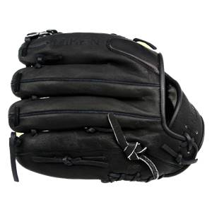 Side view of a black Miken baseball glove with MIKEN embossed on the wrist strap and white stitching.