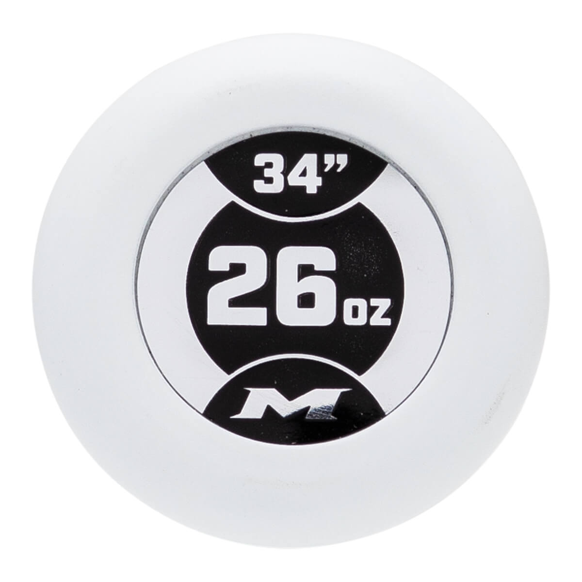 Top-down view of the white bat knob featuring a black and silver decal that displays the text 34" and 26 oz above a stylized M logo.