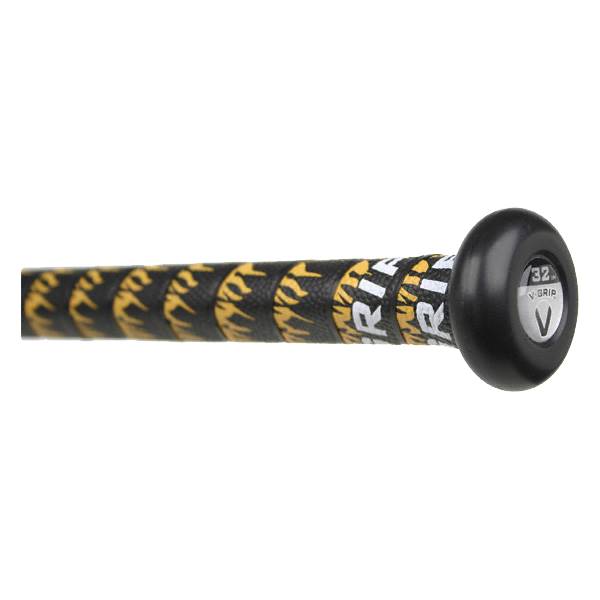 Side view of a black youth baseball bat with yellow tiger stripe grip and 32 V GRIP on the knob.