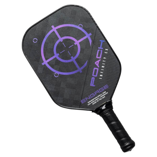Top-down view of a black pickleball paddle with a purple target design and POACH INFINITY EX text.