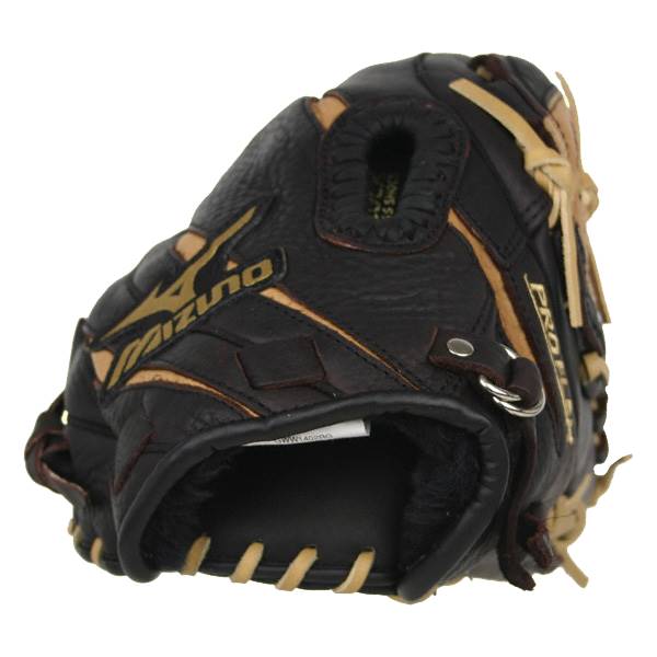 Corner view of a black Mizuno baseball glove with tan lacing and PRO-FLEX text.