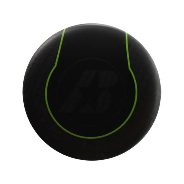 Top-down view of a black baseball bat end with a green outline and a black logo.