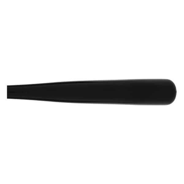 Side view of a black baseball bat with a smooth, rounded end.
