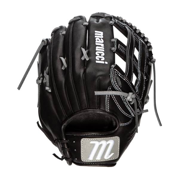 Front view of a black baseball glove with white stitching and a silver m logo.