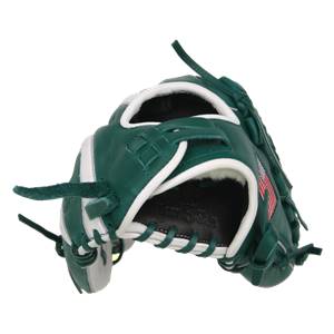 Front view of a green baseball glove with white trim and an American flag detail.