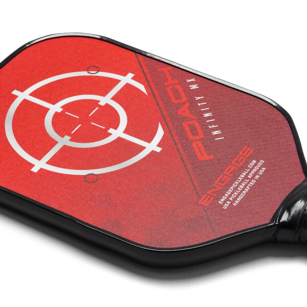 Corner view of a red pickleball paddle with a white target and red text.