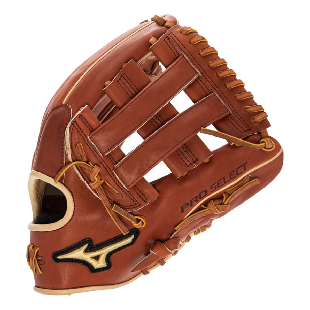 Side view of a brown baseball glove with PRO SELECT text and a gold Mizuno logo.