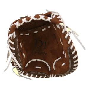 Top-down view of a brown catchers mitt with white lacing and D1 Series branding.