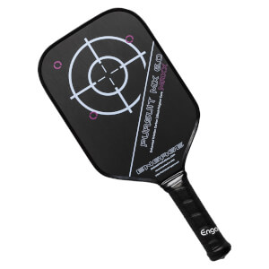 Top-down view of a black pickleball paddle with a target design and Engage branding.