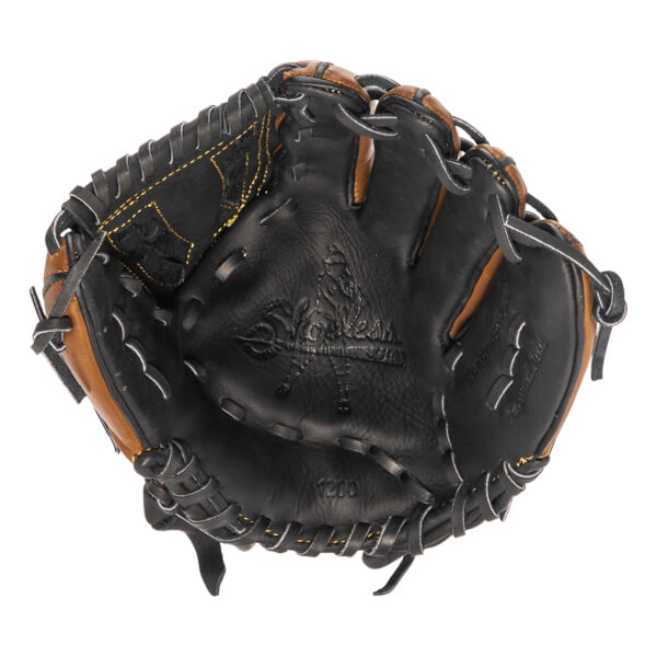 Top-down view of a black and tan baseball glove with Shoeless Joe branding and 1200 size.