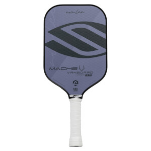 Front view of a purple pickleball paddle with a large grey S graphic, MACH6 VANGUARD 2.0 text, and white grip.