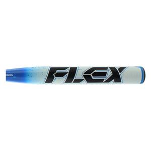 Side view of a blue and white softball bat with FLEX branding and a textured grip.