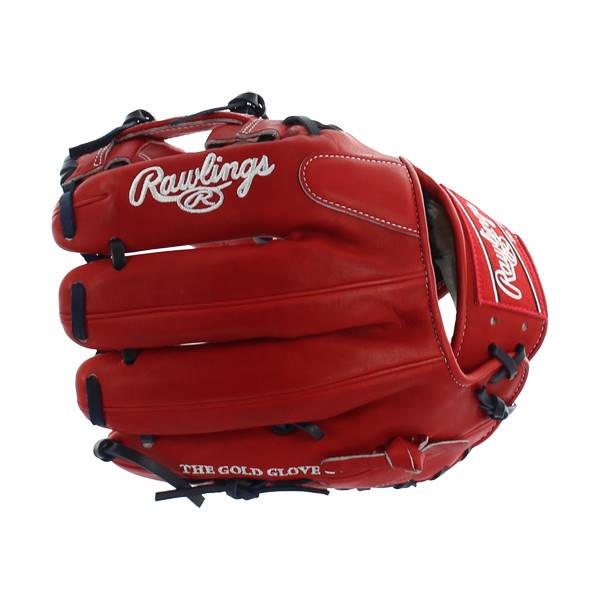 Front view of a red baseball glove with white Rawlings branding and THE GOLD GLOVE text.