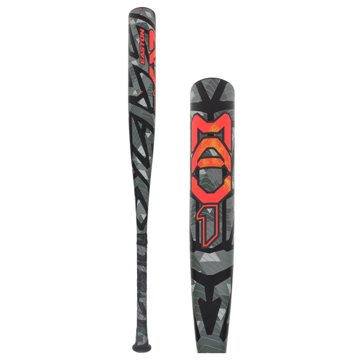 Side view and barrel close-up of a grey geometric camo bat featuring bright orange "EASTON" and "MAV1" text.