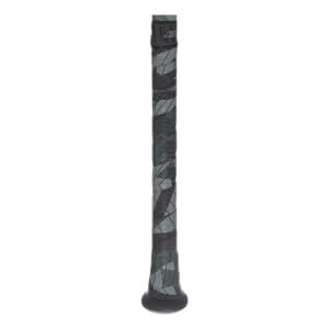 Close-up of the bat handle and knob featuring a grey and black geometric patterned grip tape and a solid black rounded knob at the base.