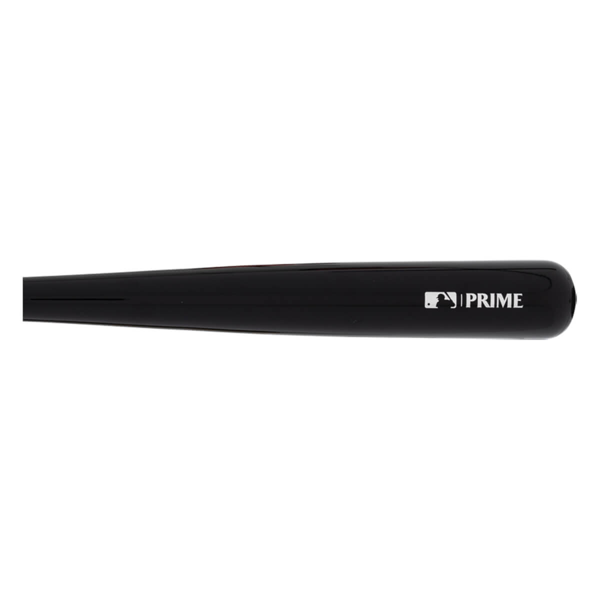 Close-up of a black baseball bat with a glossy finish, featuring a white MLB logo and PRIME text.