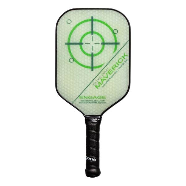 Front view of a white pickleball paddle with a green target, MAVERICK text, and black grip.