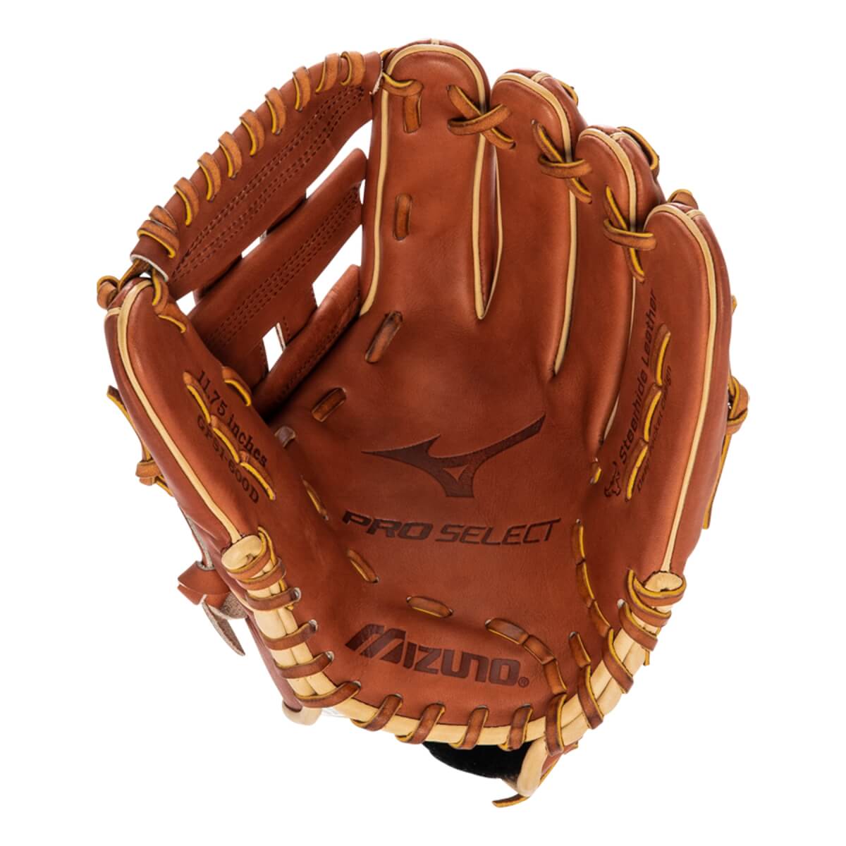 Inside view of a brown baseball glove with Mizuno Pro Select branding and 11.75 inches text.