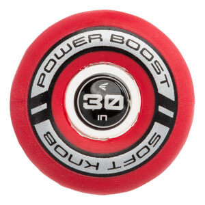 Top-down view of a red baseball bat knob with POWER BOOST SOFT KNOB text and 30 IN measurement.