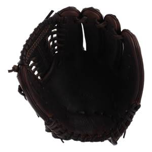 Top-down view of a dark brown baseball glove with a deep pocket and open webbing.