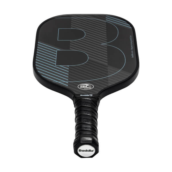 Top-down view of a black pickleball paddle with a large blue B graphic and light blue stripes.