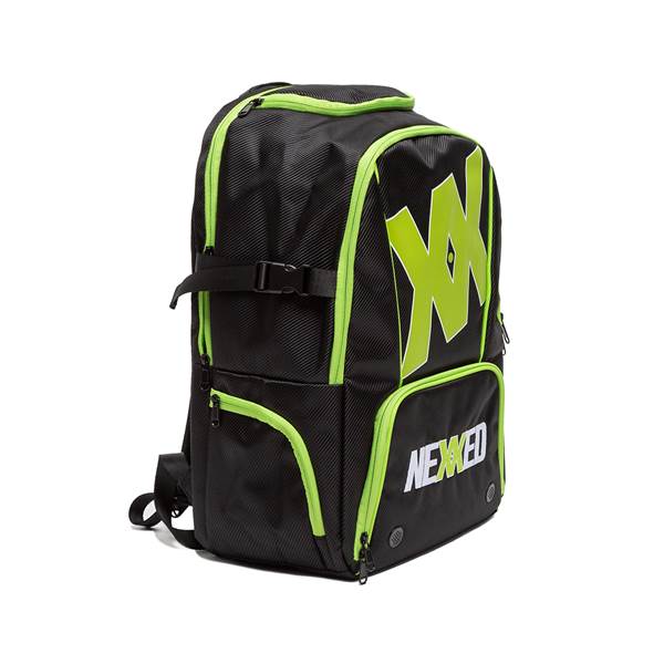 Front view of a black backpack with neon green trim, a large neon green logo, and NEXXED text.