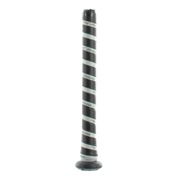Close-up of a black baseball bat grip with white diagonal stripes and visible Mizuno branding.
