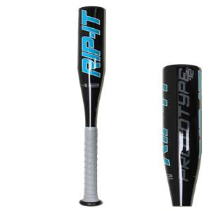 Front view of a black RIP-IT Prototype fastpitch softball bat with a gray grip and blue lettering.